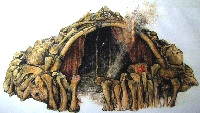 <p>Artist rendition of dwelling in Mezhirich, Poland, made of mammoth bones. Source: Dolní VÄ›stonice Museum. (Click on image to view larger.)</p>